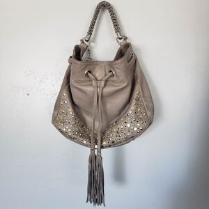 Via Repubblica Italy Genuine Leather Taupe Greige Handbag Silver Gold Studs Bag